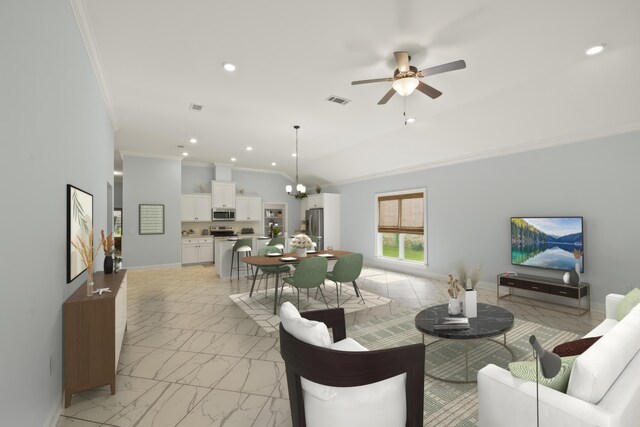 living room featuring ceiling fan with notable chandelier and ornamental molding