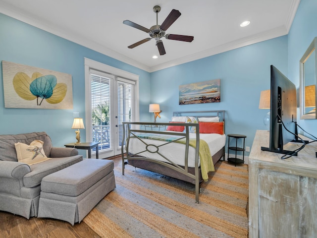 bedroom featuring access to exterior, french doors, ceiling fan, crown molding, and light hardwood / wood-style floors