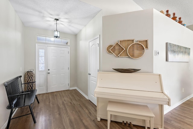 entryway with wood-type flooring and a textured ceiling