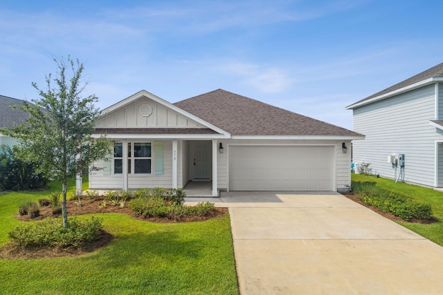 single story home featuring a front yard and a garage