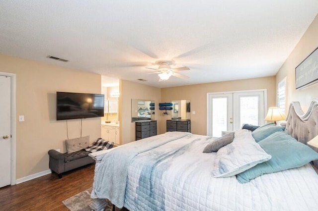 bedroom featuring access to exterior, ceiling fan, french doors, and dark hardwood / wood-style floors