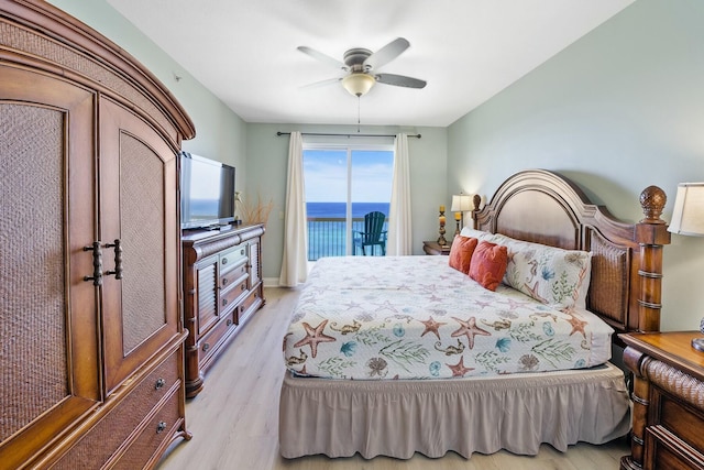 bedroom featuring access to outside, ceiling fan, and light hardwood / wood-style floors