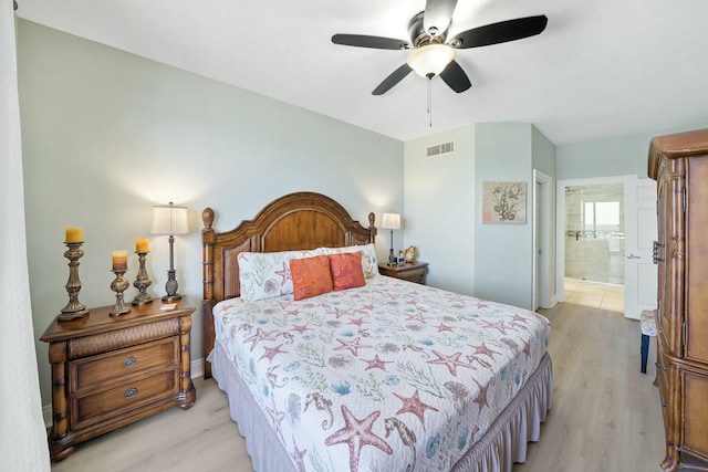 bedroom featuring ensuite bath, ceiling fan, and light hardwood / wood-style floors