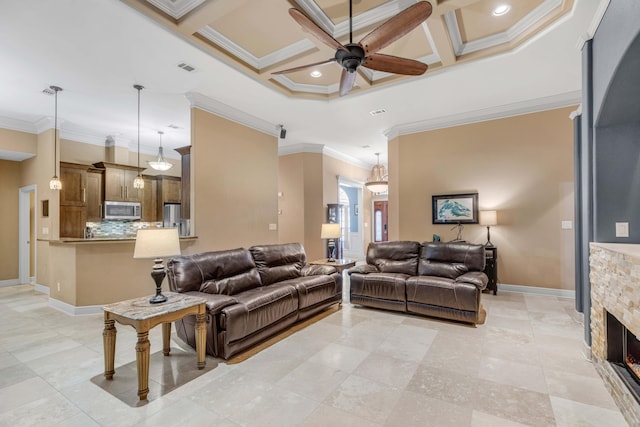 tiled living room with coffered ceiling, ceiling fan, crown molding, beam ceiling, and a stone fireplace