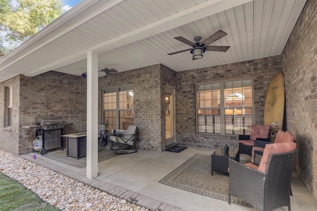 view of patio / terrace with an outdoor hangout area, area for grilling, and ceiling fan