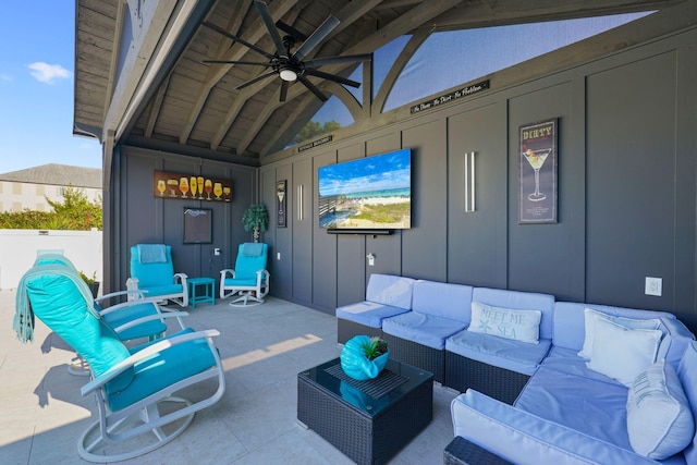 view of patio with ceiling fan and an outdoor hangout area