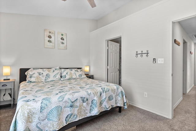 carpeted bedroom with ceiling fan and lofted ceiling