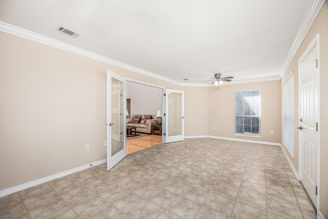 unfurnished bedroom with a textured ceiling, ceiling fan, crown molding, and french doors