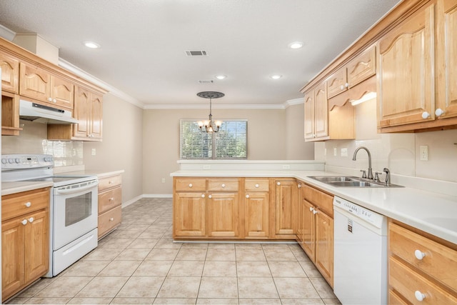 kitchen with white appliances, crown molding, sink, decorative light fixtures, and an inviting chandelier