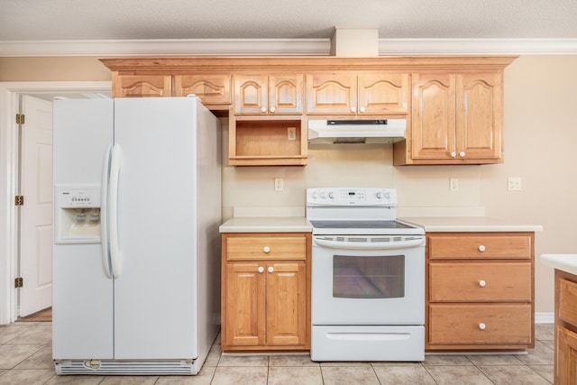 kitchen with a textured ceiling, light tile patterned floors, white appliances, and ornamental molding