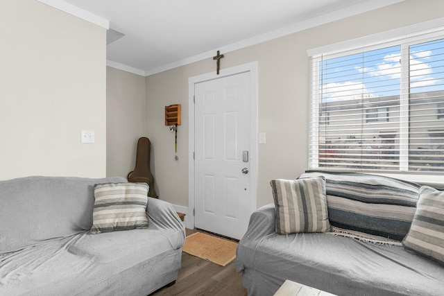 living room featuring ornamental molding and dark wood-type flooring