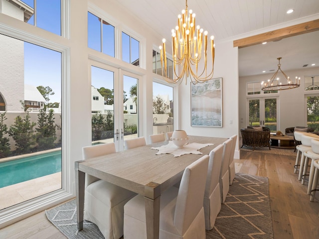 dining space with hardwood / wood-style flooring, a wealth of natural light, and french doors