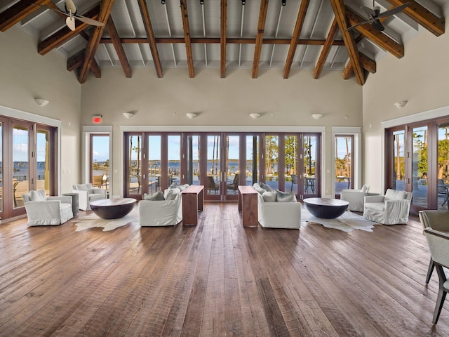 sunroom with ceiling fan and french doors