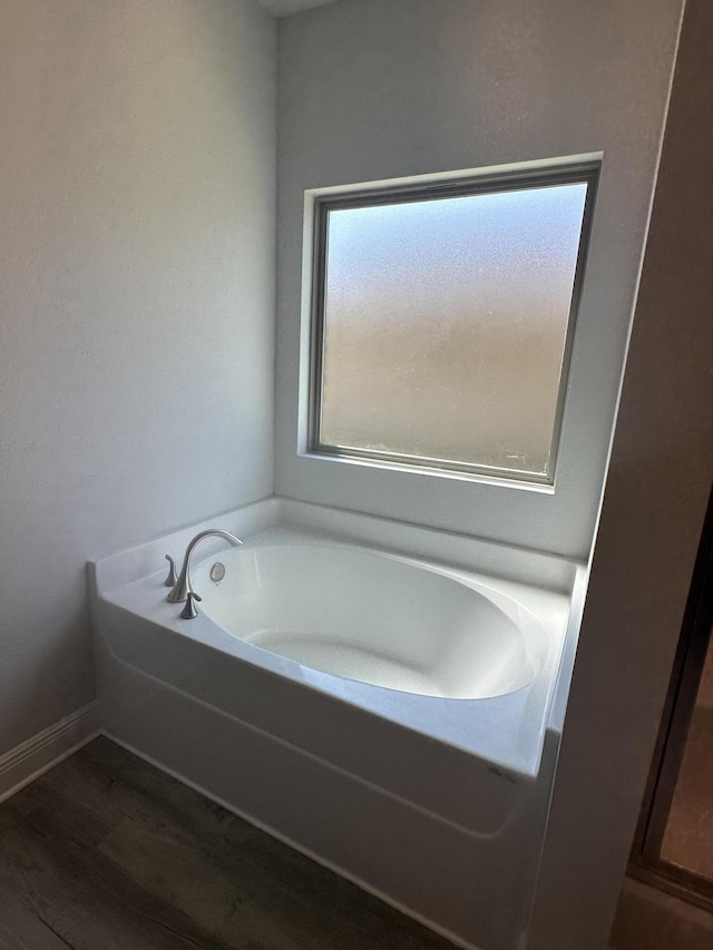 bathroom with wood-type flooring and a bathtub