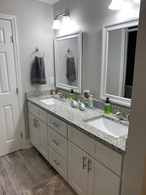 bathroom with hardwood / wood-style floors and vanity