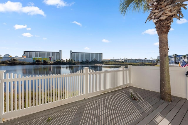 deck featuring a water view