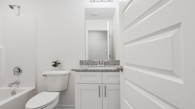 full bathroom with shower / bathing tub combination, toilet, and vanity