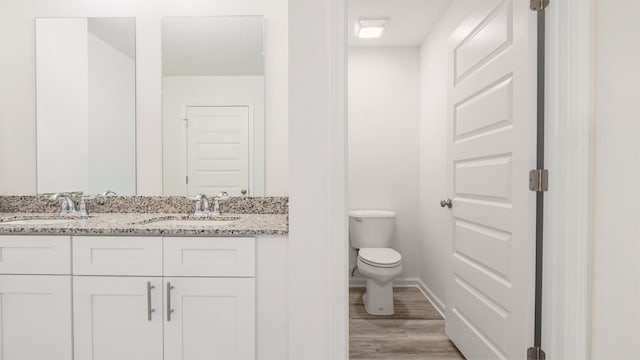 bathroom featuring toilet, wood-type flooring, and vanity