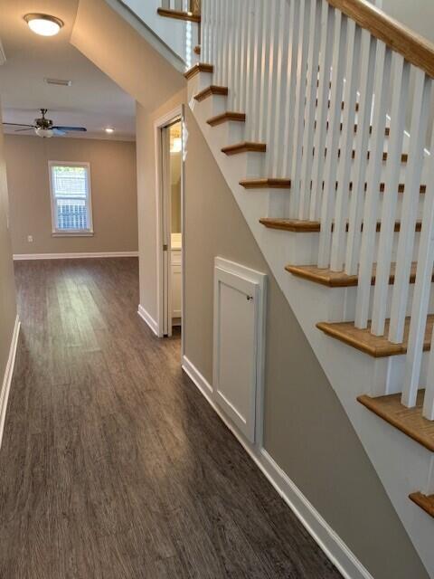 staircase with hardwood / wood-style flooring and ceiling fan