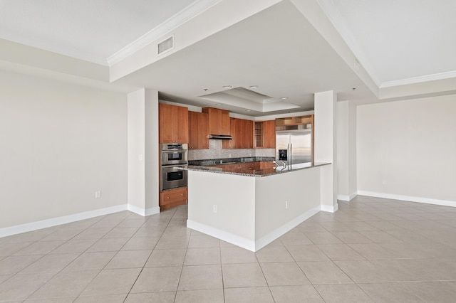 kitchen with appliances with stainless steel finishes, backsplash, a raised ceiling, and ornamental molding