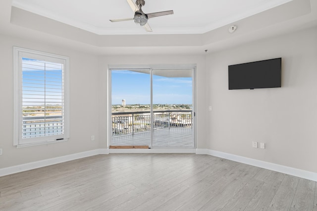 spare room featuring light wood-type flooring, a raised ceiling, and ceiling fan