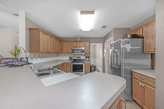 kitchen featuring kitchen peninsula, decorative backsplash, a textured ceiling, stainless steel appliances, and sink