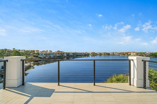 exterior space with a water view