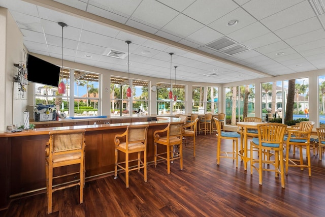 bar featuring pendant lighting, plenty of natural light, dark wood-type flooring, and a drop ceiling