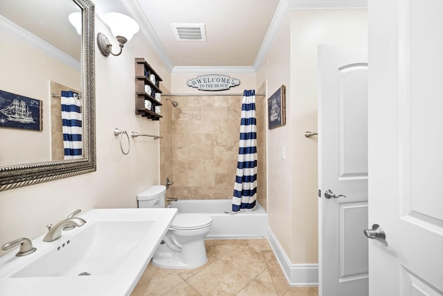 full bathroom featuring tile patterned floors, sink, toilet, ornamental molding, and shower / tub combo