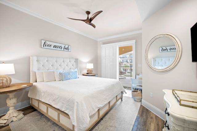 bedroom with hardwood / wood-style floors, ceiling fan, crown molding, and access to outside