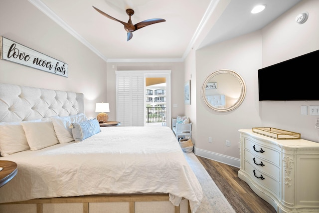 bedroom featuring hardwood / wood-style flooring, ceiling fan, ornamental molding, and access to outside