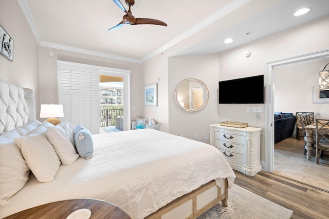 bedroom with access to exterior, ceiling fan, light hardwood / wood-style floors, and ornamental molding