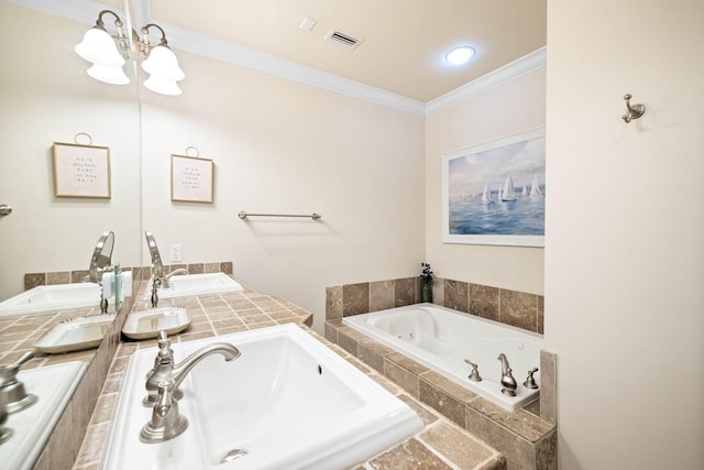 bathroom featuring a relaxing tiled tub, crown molding, sink, and a chandelier