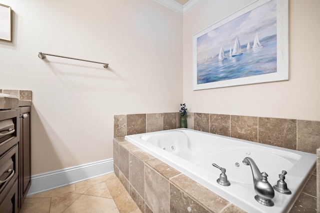 bathroom with tile patterned floors, vanity, ornamental molding, and tiled tub