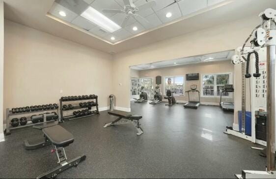 workout area with ceiling fan