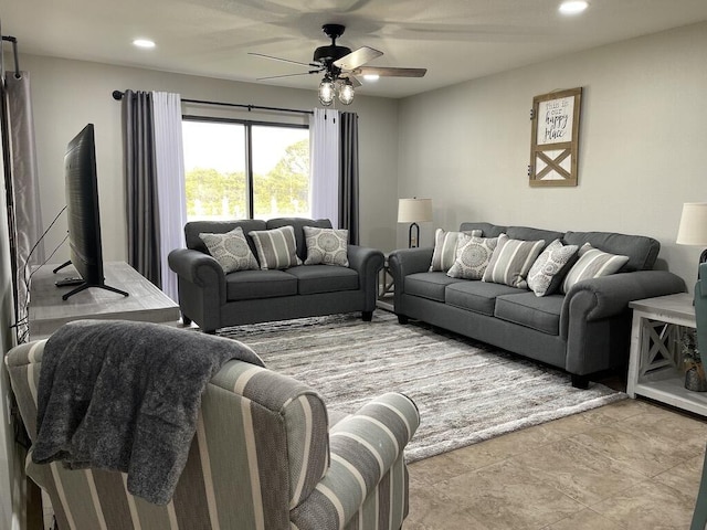 living room with ceiling fan