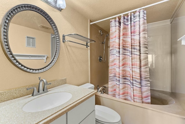 full bathroom featuring vanity, a textured ceiling, toilet, and shower / bathtub combination with curtain