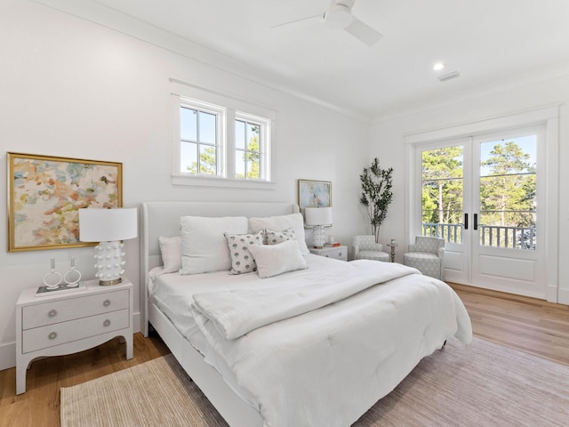 bedroom featuring access to outside, ceiling fan, ornamental molding, and light hardwood / wood-style floors