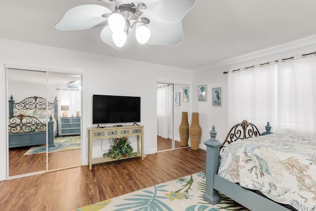 bedroom with wood-type flooring, two closets, ceiling fan, and ornamental molding