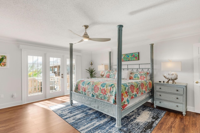 bedroom with access to outside, ceiling fan, ornamental molding, and hardwood / wood-style flooring