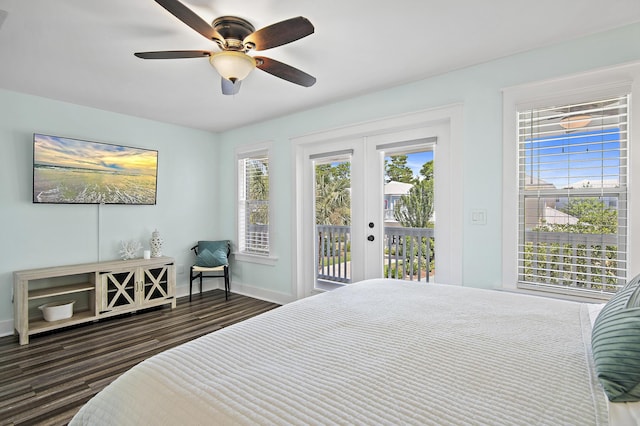 bedroom with access to exterior, ceiling fan, and french doors