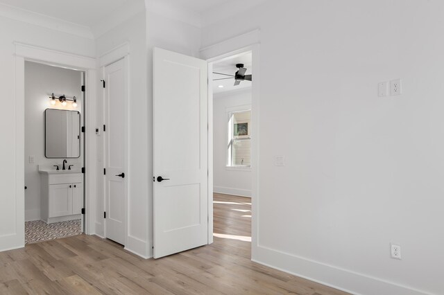 hallway featuring crown molding, sink, and light hardwood / wood-style floors