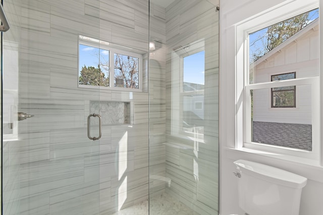 bathroom featuring toilet, a shower with door, and a healthy amount of sunlight