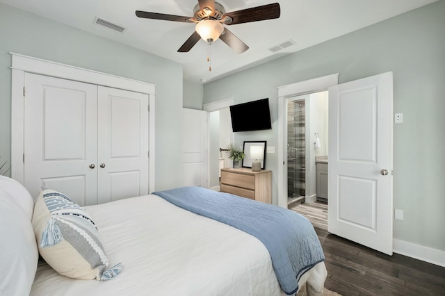 bedroom featuring ceiling fan, a closet, and dark wood-type flooring