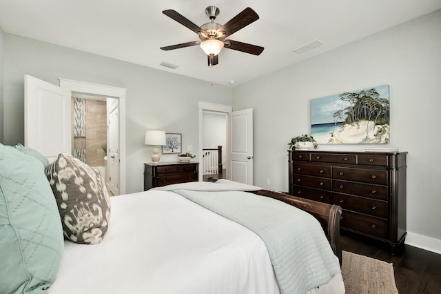 bedroom featuring ceiling fan and dark wood-type flooring