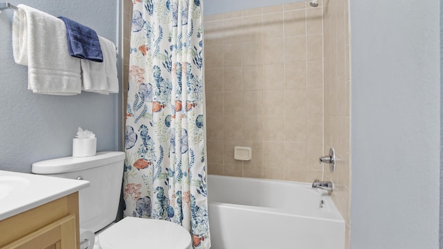 full bathroom with vanity, toilet, and shower / bathtub combination with curtain