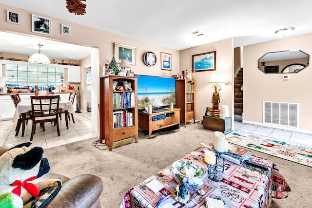 living room with light colored carpet