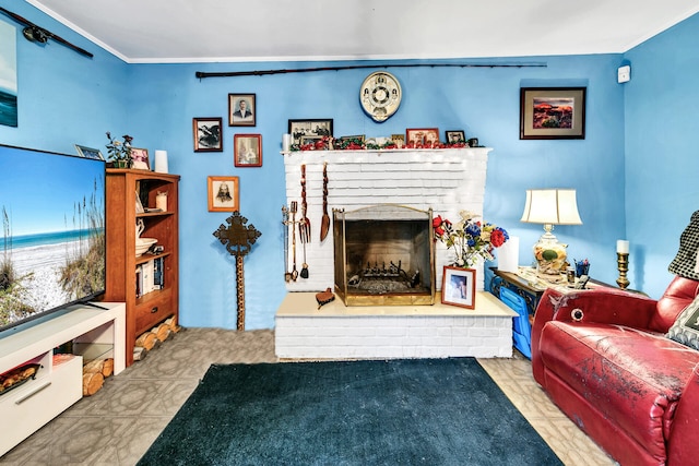 living room with a fireplace