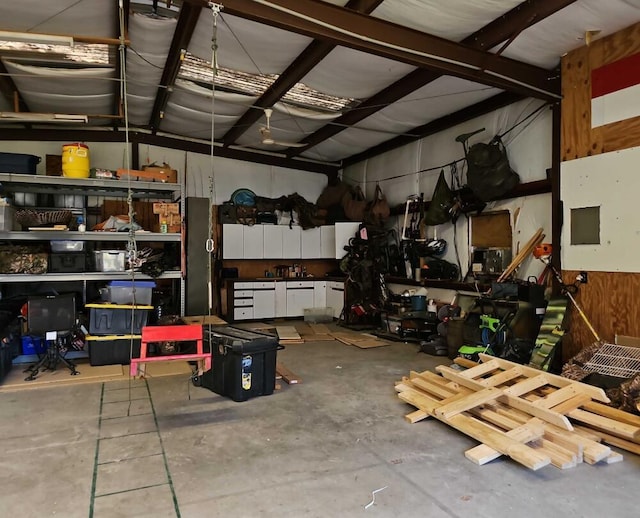 garage with a workshop area