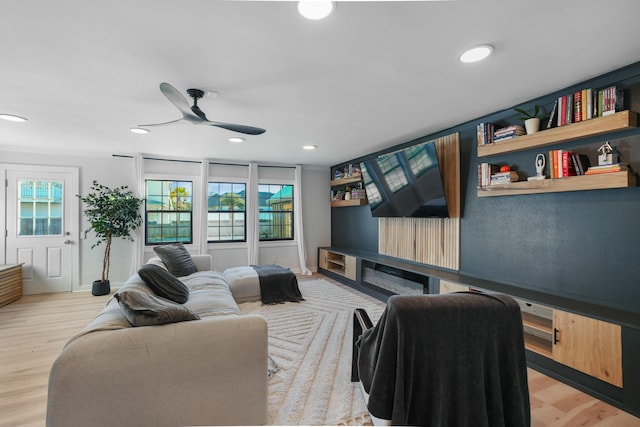 living room with light hardwood / wood-style floors and ceiling fan